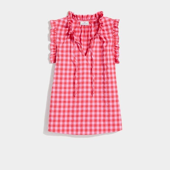Vineyard Vines Tops - Vineyard Vines Pink Gingham Plaid Ruffle Sleeveless Blouse Top Size Large